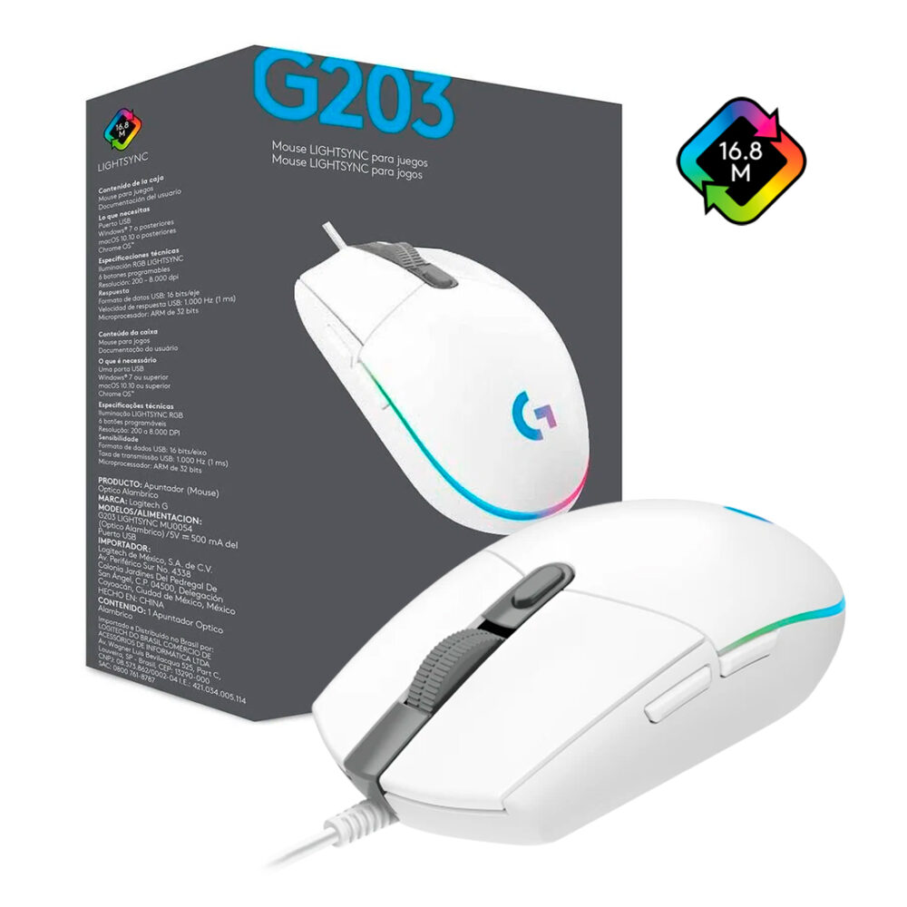 Mouse Logitech G203 Blanco Lightsync Rgb 8,000 Dpi