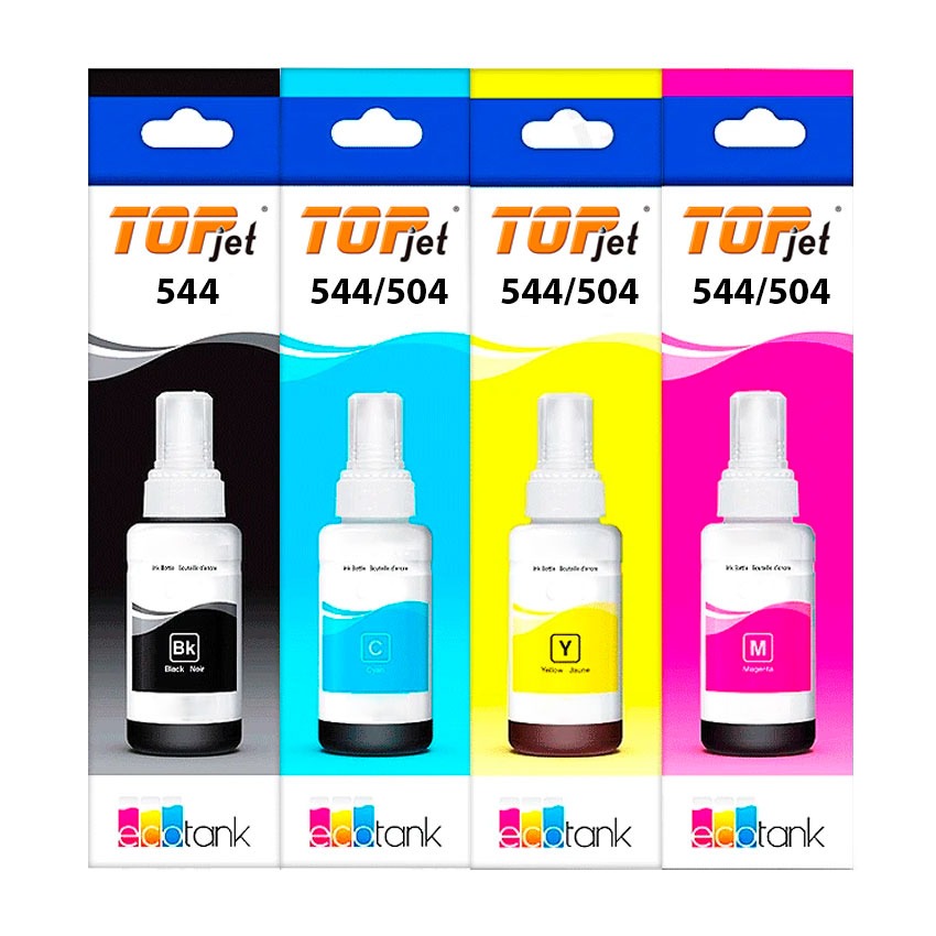 Kit de 4 Tintas TOP JET 504/544 (Negro, Cian, Magenta, Amarillo) Compatible con Epson EcoTank