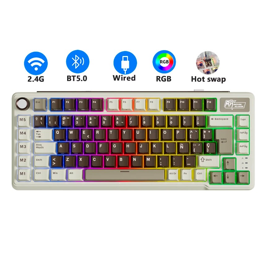 Teclado Royal Kludge RK L75 MOCHA GREY TRIPLE CONEXION Creamy