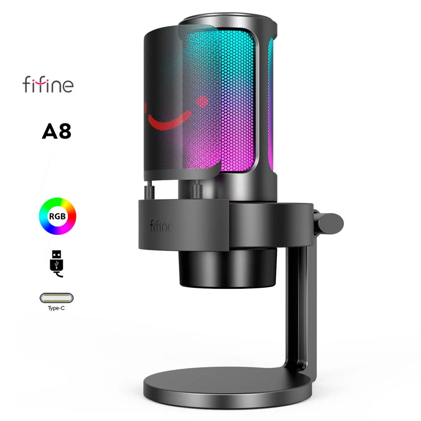 Micrófono Gamer Fifine A8 Black – Condensador USB, RGB, Mute y Monitoreo