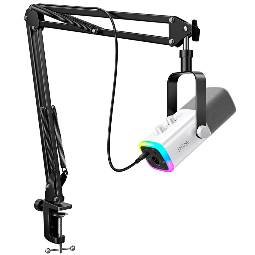 Micrófono dinámico con brazo Fifine AM8T Blanco RGB USB/XLR